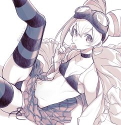 Rule 34 | 1girl, bikini, breasts, candy, choker, collarbone, food, gloves, goggles, goggles on head, hair between eyes, holding, holding candy, holding food, holding lollipop, leg up, lollipop, looking at viewer, lucia fex, monochrome, navel, plaid, plaid skirt, promare, short hair, side-tie bikini bottom, simple background, skirt, small breasts, solo, striped clothes, striped thighhighs, swimsuit, takatsuki ichi, thighhighs, twitter username, white background