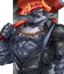 Rule 34 | 1boy, abs, animal ears, ankh necklace, arm tattoo, axe, bara, bare pectorals, beard, black shirt, blue eyes, chest hair, chest tattoo, commentary, cow boy, cow ears, cow horns, dislyte, djoser (atum) (dislyte), earrings, english commentary, facial hair, fingerless gloves, furry, furry male, gloves, highres, holding, holding axe, horns, jewelry, looking at viewer, male focus, over shoulder, pectorals, rabbity art, shirt, signature, single earring, suspenders, tattoo, upper body
