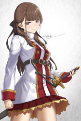 Rule 34 | 1girl, black bow, bow, breasts, brown eyes, brown hair, closed mouth, commentary request, copyright request, hair bow, holding, holding sword, holding weapon, jacket, long hair, long sleeves, looking at viewer, medium breasts, pleated skirt, red skirt, sheath, sheathed, signature, skirt, sleeves past wrists, solo, sword, tyone, very long hair, weapon, white jacket