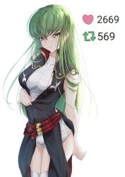 Rule 34 | &gt;:), 1girl, absurdres, arm at side, belt, black dress, blush, breasts, budgiepon, c.c., closed mouth, code geass, commentary, cowboy shot, crop top, crossed bangs, curvy, dress, english commentary, eyelashes, green hair, hair between eyes, hair over shoulder, hand up, highres, hip vent, lips, long hair, looking at viewer, medium breasts, meme, red belt, seductive smile, shirt, shorts, simple background, sleeveless, sleeveless dress, smile, solo, standing, straight hair, thigh gap, thighhighs, twitter strip game (meme), undressing, v-shaped eyebrows, very long hair, white background, white shirt, white shorts, white thighhighs, yellow eyes