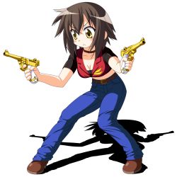 Rule 34 | 1girl, :&lt;, bad id, bad pixiv id, belt, blush, breasts, brown hair, claire redfield, claire redfield (cosplay), cleavage, cosplay, crop top, denim, dual wielding, frown, gun, handgun, highres, holding, jeans, kusakabe misao, lucky star, luger p08, medium breasts, midriff, pants, pistol, resident evil, resident evil - code: veronica, rindou (awoshakushi), shadow, solo, weapon, yellow eyes