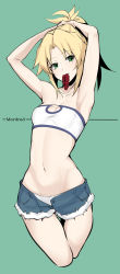 Rule 34 | 1girl, adjusting hair, armpits, arms up, bandeau, blonde hair, breasts, character name, cropped legs, fate/apocrypha, fate (series), green eyes, groin, hair tie in mouth, hat, highres, looking at viewer, mordred (fate), mordred (memories at trifas) (fate), mouth hold, navel, panties, red scrunchie, scrunchie, shorts, small breasts, solo, takatun223, thigh gap, unbuttoned, open fly, underwear, white panties