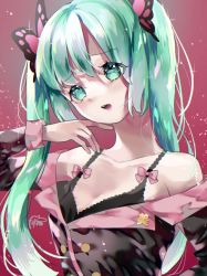 Rule 34 | 1girl, aqua eyes, aqua hair, bad id, bad twitter id, black bra, black shirt, bow, bowtie, bra, butterfly hair ornament, commentary, english commentary, furrowed brow, hair ornament, hand up, hatsune miku, head tilt, honey whip (module), lips, long hair, looking at viewer, off-shoulder shirt, off shoulder, open mouth, pink background, pink bow, project diva (series), shirt, signature, solo, sweet devil (vocaloid), tojirou (usagi31415), twintails, underwear, upper body, very long hair, vocaloid