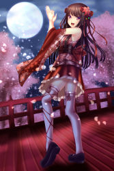 Rule 34 | 1girl, :d, alternate costume, armpits, bare shoulders, black footwear, black hair, blush, bow, bridge, cherry blossoms, detached sleeves, floral print, flower, from side, full body, full moon, hair bow, hair flower, hair ornament, highres, hime cut, houraisan kaguya, japanese clothes, kimono, kimono skirt, long hair, looking at viewer, looking to the side, moon, night, obi, open mouth, outdoors, over-kneehighs, petals, purple eyes, red bow, red kimono, sash, shoes, short kimono, shounen (hogehoge), sidelocks, smile, solo, standing, thighhighs, touhou, white thighhighs, wide sleeves, yukata