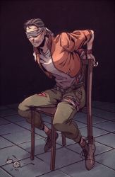 Rule 34 | 1boy, arms behind back, bandages, bdsm, belt, black hair, blindfold, blood, bloody bandages, blush, bomber jacket, bondage, boots, bound, bound ankles, bound wrists, broken eyewear, bruise, bruise on face, chair, clenched teeth, cuffs, cuts, disco elysium, egg vibrator, unworn eyewear, glasses, hair slicked back, handcuffs, injury, jacket, kim kitsuragi, male focus, nosebleed, open belt, pants, restrained, round eyewear, sex toy, shirt, short hair, sleeves rolled up, solo, sweat, teeth, torn clothes, unzipped, vibrator, vibrator under clothes, wenny02, white shirt