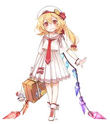 Rule 34 | 1girl, alternate costume, ankle cuffs, bag charm, beret, blonde hair, blush, bow, briefcase, character charm, character doll, charm (object), crop top, cross-laced footwear, crystal, flandre scarlet, full body, grin, hair bow, hair ribbon, hat, high-waist skirt, highres, looking at viewer, necktie, pleated skirt, red bow, red eyes, red necktie, remilia scarlet, ribbon, sailor collar, shirt, shoes, short sleeves, side ponytail, simple background, skirt, smile, solo, sticker, tis (shan0x0shan), touhou, tress ribbon, white background, white footwear, white hat, white shirt, white skirt, wide sleeves, wings, wrist cuffs