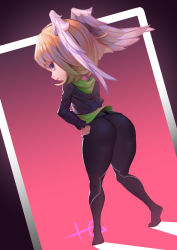 Rule 34 | 1girl, absurdres, ass, black bodysuit, black jacket, blonde hair, blue eyes, bodysuit, chinese commentary, cropped jacket, eunie (xenoblade), feathered wings, from behind, full body, gradient background, h.an (516635864), hand on own hip, head wings, highres, hood, hood down, jacket, legs apart, long sleeves, no shoes, short hair, solo, standing, tiptoes, white wings, wings, xenoblade chronicles (series), xenoblade chronicles 3