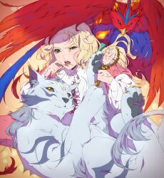 Rule 34 | 1girl, absurdres, bird, blonde hair, castlevania: nocturne, castlevania (series), cat, dress, familiar, feathers, green eyes, highres, holding, holding brush, long hair, long sleeves, looking at viewer, maria renard, open mouth, pink dress, red bird, red feathers, suzanne (tendermiasma), white cat, white sleeves