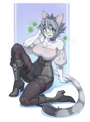 Rule 34 | 1girl, animal ear fluff, animal ears, blouse, blue background, blush, body fur, boots, cat ears, cat girl, cat tail, choker, furry, furry female, glasses, high heel boots, high heels, highres, looking at viewer, original, pants, pantyhose, paw print, shirt, short hair, sin (sintrybest), solo, strapless, tail, whiskers, white background, white hair