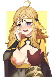 Rule 34 | 1boy, 1girl, absurdres, ahoge, blonde hair, blue eyes, blush, breasts, bridal gauntlets, fire emblem, fire emblem fates, fire emblem heroes, grabbing, grabbing another&#039;s breast, heart, heart-shaped pupils, highres, huge filesize, kiran (fire emblem), kiran (male) (fire emblem), large breasts, looking at viewer, male hand, nintendo, nipples, open mouth, ophelia (fire emblem), oppaihobby, symbol-shaped pupils