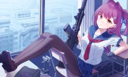 Rule 34 | 1girl, angel ina, breasts, closed mouth, gun, highres, holding, holding gun, holding weapon, looking at viewer, medium breasts, original, purple eyes, purple hair, red eyes, shirt, short hair, skirt, smile, solo, weapon
