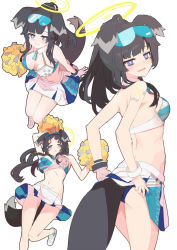 Rule 34 | 1girl, animal ears, black hair, blue archive, blue eyes, blush, breasts, bright pupils, cheerleader, cleavage, dog ears, dog girl, dog tail, eyewear on head, halo, hibiki (blue archive), hibiki (cheer squad) (blue archive), highres, looking at viewer, medium breasts, midriff, millennium cheerleader outfit (blue archive), momiji oroshi, multiple views, navel, pleated skirt, pom pom (cheerleading), ponytail, skirt, smile, star (symbol), sticker on face, tail, white pupils