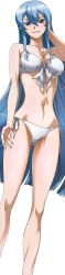 Rule 34 | 10s, 1girl, absurdres, akame ga kill!, arm at side, arm behind head, bandeau, bikini, blue eyes, blue hair, blush, breasts, chest tattoo, cleavage, colored eyelashes, crease, esdeath, facing viewer, fingernails, front-tie bikini top, front-tie top, full body, grin, hand up, highres, hip focus, legs, long fingernails, long hair, long image, looking at viewer, medium breasts, nakamura kazuhisa, narrow waist, navel, official art, scan, side-tie bikini bottom, sideboob, sidelocks, simple background, smile, solo, standing, stick poster, straight hair, strapless, strapless bikini, swimsuit, tall image, tattoo, transparent background, very long hair, wet, white background, white bikini
