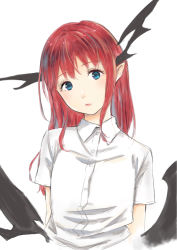 Rule 34 | 1girl, :/, alternate eye color, blue eyes, collared shirt, commentary request, dress shirt, expressionless, head tilt, highres, koakuma, long hair, looking at viewer, low wings, nagata nagato, pointy ears, red hair, shirt, short sleeves, sidelocks, simple background, solo, touhou, white background, white shirt, wings