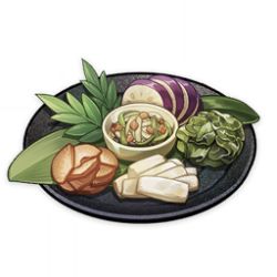 Rule 34 | artist request, bowl, carrot, commentary, english commentary, food, food focus, game cg, genshin impact, leaf, lowres, muted color, no humans, official art, plate, radish, simple background, still life, third-party source, transparent background, vegetable