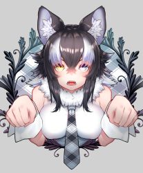 Rule 34 | 1girl, absurdres, akuma (st.takuma), animal ear fluff, animal ears, bare arms, bare shoulders, black hair, blue eyes, breasts, covered erect nipples, fangs, flipped hair, fur collar, grey wolf (kemono friends), hair between eyes, hands up, heterochromia, highres, kemono friends, long hair, looking at viewer, multicolored hair, open mouth, paw pose, plaid neckwear, shirt, sleeveless, sleeveless shirt, solo, two-tone hair, upper body, v-shaped eyebrows, white hair, wolf ears, wrist cuffs, yellow eyes
