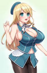 Rule 34 | 1girl, :d, absurdres, atago (kancolle), beret, black pantyhose, blonde hair, blue background, blue eyes, blue hat, blue skirt, blue vest, blush, breasts, bursting breasts, cleavage, commentary request, cowboy shot, hand up, hat, highres, impossible clothes, kantai collection, large breasts, long hair, miniskirt, miyotarou, navel, neck ribbon, open mouth, pantyhose, ribbon, simple background, skindentation, skirt, smile, solo, swept bangs, undersized clothes, vest, white ribbon