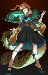 Rule 34 | 1girl, absurdres, aqua skirt, blonde hair, brown eyes, chinese clothes, commission, dragon girl, dragon horns, dragon tail, highres, horns, kicchou yachie, looking at viewer, nezo, otter spirit (touhou), skirt, smile, socks, solo, tail, touhou, white socks, wide sleeves