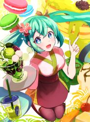 1girl :d aqua_hair blue_eyes candy cherry drink drinking_straw finger_gun flower food fruit hair_between_eyes hair_flower hair_ornament hatsune_miku highres holding holding_plate ice_cream jumping long_hair looking_at_viewer lower_teeth_only macaron matcha_(food) open_mouth pancake pink_thighhighs plate smile solo sweets teeth thighhighs tongue twintails very_long_hair vocaloid witchdalisweet