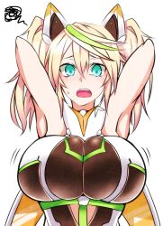 Rule 34 | 1girl, animal ears, armpits, arms behind head, arms up, blonde hair, blue eyes, bouncing breasts, breasts, fake animal ears, fangs, gene (pso2), green hair, highres, hz (666v), large breasts, looking at viewer, motion lines, multicolored hair, open mouth, phantasy star, phantasy star online 2, streaked hair, sweatdrop, twintails