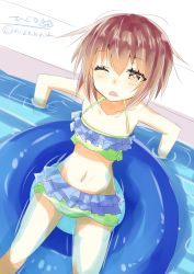 Rule 34 | 1girl, bikini, blush, breasts, brown eyes, brown hair, frilled bikini, frills, hair between eyes, highres, hizaka, innertube, kantai collection, looking at viewer, one-hour drawing challenge, one eye closed, open mouth, pool, short hair, small breasts, solo, swim ring, swimsuit, twitter username, wakaba (kancolle), water, wet, wet clothes