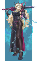 Rule 34 | 1girl, absurdres, anklet, black dress, black footwear, black gloves, black pantyhose, blonde hair, blue background, blue eyes, breasts, chain, dress, barghest (fate), barghest (second ascension) (fate), fate/grand order, fate (series), full body, gloves, hair between eyes, heterochromia, high heels, highres, holding, holding sword, holding weapon, jewelry, large breasts, long hair, looking at viewer, over shoulder, pantyhose, print dress, red eyes, sideboob, smile, solo, spikes, standing, sword, sword over shoulder, tetsuo (huvac-akiro), toned, weapon, weapon over shoulder
