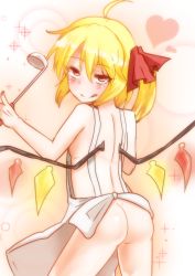 Rule 34 | 1girl, :q, apron, ass, blonde hair, blush, flandre scarlet, hair ribbon, heart, highres, ladle, looking at viewer, looking back, naked apron, naughty face, red eyes, ribbon, short hair, side ponytail, smile, solo, takorice, tongue, tongue out, touhou, wings