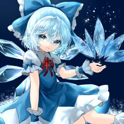 Rule 34 | 1girl, :3, arm support, blue background, blue bow, blue dress, blue eyes, blue hair, bow, cirno, collared shirt, cryokinesis, dot nose, double-parted bangs, dress, feet out of frame, flat chest, frilled dress, frilled socks, frills, hair bow, head tilt, highres, ice, ice shard, ice wings, knees together feet apart, light blue hair, looking at viewer, medium hair, mikan (manmarumikan), neck ribbon, puffy short sleeves, puffy sleeves, red ribbon, ribbon, shirt, short sleeves, sitting, sleeve bow, socks, solo, sparkle, touhou, white shirt, white socks, wings, wrist cuffs