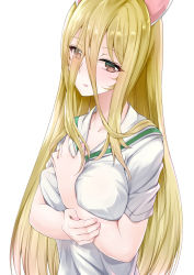 Rule 34 | 10s, 1girl, amasora taichi, animal ears, blonde hair, breasts, brown eyes, cat ears, closed mouth, commentary request, eyes visible through hair, girls und panzer, hair between eyes, hand on own chest, highres, large breasts, long hair, looking at viewer, nail polish, nekonyaa, pink nails, school uniform, serafuku, shirt, short sleeves, simple background, solo, upper body, very long hair, white background, white shirt