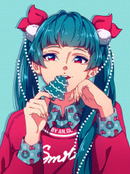 Rule 34 | 1girl, absurdres, anastasia gordieieva, aqua hair, artist name, blue background, bow, christmas, cookie, earrings, eating, food, hand up, highres, jewelry, long sleeves, looking at viewer, mole, mole above mouth, original, red bow, red eyes, stud earrings, sweater, twintails, upper body