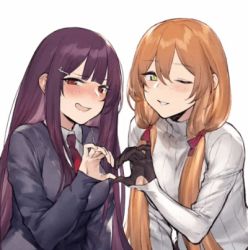 Rule 34 | 2girls, :d, animated, black gloves, blush, breasts, brown hair, duoyuanjun, third-party edit, girls&#039; frontline, gloves, green eyes, hair ornament, hairclip, heart, heart hands, heart hands duo, long hair, looking at viewer, lowres, springfield (girls&#039; frontline), medium breasts, multiple girls, necktie, one eye closed, open mouth, purple hair, red eyes, school uniform, simple background, skirt, smile, third-party edit, twintails, wa2000 (girls&#039; frontline), white background