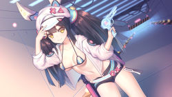 Rule 34 | 1girl, bikini, bikini top only, bikini under clothes, black shorts, blue bikini, breasts, brown eyes, brown hair, cabbie hat, chi yei, closed mouth, collarbone, commentary request, dutch angle, gun, hair ornament, hand on headwear, hand up, hat, holding, holding gun, holding weapon, hood, hood down, hooded jacket, indoors, jacket, leaning forward, long hair, looking at viewer, medium breasts, navel, open clothes, open jacket, original, short shorts, shorts, smile, solo, standing, swimsuit, twintails, very long hair, weapon, white hat, white jacket