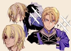 1boy ? bags_under_eyes belt belt_buckle black_fur black_shirt blue_belt blue_cape blue_eyes blush buckle cape chest_belt closed_mouth commentary_request cropped_shoulders dimitri_alexandre_blaiddyd eyepatch fire_emblem fire_emblem:_three_houses fur-trimmed_cape fur_trim garreg_mach_monastery_uniform hair_between_eyes looking_ahead looking_at_viewer male_focus multiple_views nintendo one_eye_covered school_uniform shirt side_cape simple_background siotomato smile v-shaped_eyebrows white_fur yellow_background