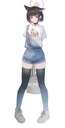 Rule 34 | 1girl, animal ears, arms behind back, bag, black choker, black footwear, black hair, black thighhighs, blue archive, blue overalls, brown bag, cat ears, cat girl, choker, closed mouth, collarbone, commentary, flippy (cripine111), full body, halo, handbag, highres, holding, holding bag, kazusa (blue archive), looking at viewer, overall shorts, overalls, pink eyes, pink hair, pink halo, shirt, short hair, short sleeves, simple background, solo, standing, thighhighs, white background, white shirt