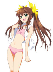 Rule 34 | 10s, 1girl, :d, bare legs, bare shoulders, bra, brown hair, fang, flat chest, green eyes, hair ribbon, haniwa (near), huang lingyin, infinite stratos, lingerie, long hair, looking at viewer, midriff, navel, open clothes, open mouth, open shirt, open vest, panties, pink bra, pink panties, ribbon, shirt, simple background, smile, solo, sports bra, swimsuit, twintails, underwear, vest, white background
