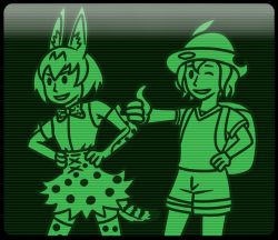 Rule 34 | 10s, 2girls, 7kita, animal ears, backpack, bag, bare shoulders, black border, border, bow, bowtie, bucket hat, cowboy shot, elbow gloves, fallout (series), gloves, green theme, hair between eyes, hand on own hip, hands on own hips, hat, hat feather, high-waist skirt, highres, kaban (kemono friends), kemono friends, kita (7kita), legs apart, looking away, monochrome, multiple girls, one eye closed, outstretched arm, parody, print skirt, safari hat, serval (kemono friends), serval print, serval tail, shirt, short hair, short sleeves, shorts, skirt, smile, standing, tail, thighhighs, thumbs up, vault boy, zettai ryouiki
