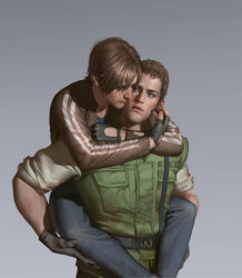 Rule 34 | 2boys, absurdres, black gloves, black hair, black pants, brown hair, brown jacket, bulletproof vest, chris redfield, closed eyes, closed mouth, curtained hair, facial hair, fingerless gloves, gloves, gradient background, highres, jacket, leon s. kennedy, looking at another, male focus, multiple boys, pants, resident evil, sgl08, shirt, short hair, white shirt, yaoi