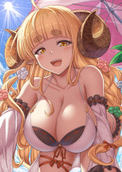 Rule 34 | 1girl, :d, all fours, anila (granblue fantasy), anila (summer) (granblue fantasy), beach umbrella, bikini, blonde hair, blunt bangs, blush, breasts, cleavage, collarbone, day, detached sleeves, draph, flower, frilled sleeves, frills, from below, granblue fantasy, hair flower, hair ornament, hanging breasts, highres, horns, large breasts, long hair, long sleeves, looking at viewer, looking down, open mouth, outdoors, pointy ears, red ribbon, ribbon, ribbon-trimmed bikini, skindentation, smile, solo, sun, sunlight, swimsuit, teeth, thick eyebrows, thigh strap, umbrella, upper teeth only, very long hair, white bikini, yasojima nejiro, yellow eyes