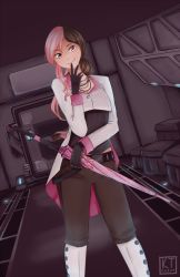 Rule 34 | 1girl, belt, black gloves, boots, brown eyes, brown hair, dutch angle, finger to mouth, gloves, heterochromia, ktchewy, multicolored hair, neo politan, pants, pink eyes, pink hair, rwby, smile, solo, split-color hair, tight clothes, tight pants, umbrella