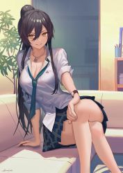 Rule 34 | 1girl, arm support, black hair, breasts, cleavage, collarbone, couch, crossed legs, dog tags, green necktie, hair bun, highres, idolmaster, idolmaster shiny colors, indoors, jewelry, legs, long hair, looking at viewer, medium breasts, necklace, necktie, open mouth, plaid, plaid skirt, raglan sleeves, shirase sakuya, shirt, signature, single hair bun, sitting, skirt, smile, solo, ukimesato, watch, white shirt, yellow eyes