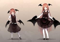 Rule 34 | &gt;:), 2girls, alternate hair length, alternate hairstyle, armband, bat wings, blush, breasts, bright pupils, clothes lift, collarbone, collared shirt, commentary, contrapposto, dress shirt, dual persona, full body, futatsuki eru, garter straps, gradient background, hair between eyes, hand on own hip, head tilt, head wings, heart, height difference, koakuma, large breasts, lifted by self, loafers, long hair, long sleeves, low wings, medium breasts, multiple girls, necktie, pigeon-toed, pointy ears, red eyes, red hair, red neckwear, shirt, shoes, short hair, short sleeves, simple background, skirt, skirt lift, skirt set, slit pupils, thighhighs, touhou, very long hair, white legwear, white pupils, wings, zettai ryouiki