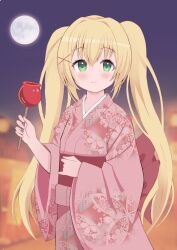 Rule 34 | 1girl, absurdres, alternate costume, blonde hair, blurry, blurry background, blush, candy, candy apple, closed mouth, commentary request, commission, cowboy shot, eyelashes, floral print, food, full moon, green eyes, hair between eyes, hair intakes, hair ornament, hand up, happy, highres, holding, holding candy, holding food, japanese clothes, kimono, long hair, long sleeves, looking at viewer, mikoko1, moon, night, outdoors, pink kimono, sidelocks, skeb commission, smile, solo, standing, summer festival, summer pockets, tareme, tsumugi wenders, twintails, very long hair, wide sleeves, x hair ornament, yukata