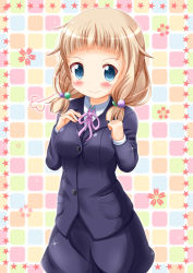 Rule 34 | 1girl, blonde hair, blue eyes, blush, breasts, buttons, closed mouth, commentary request, cosplay, cowboy shot, diffraction spikes, flower, formal, grid background, hair bobbles, hair ornament, highres, jacket, long sleeves, looking at viewer, low twintails, medium breasts, nail polish, neck ribbon, new game!, pink nails, pink ribbon, pocket, ribbon, sakura nene, shirt, skirt, smile, solo, star (symbol), suit, suzukaze aoba, suzukaze aoba (cosplay), twintails, xenon (for achieve)