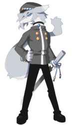 Rule 34 | 1boy, animal ears, blue eyes, collar, full body, gloves, grey fur, grey hair, hand on own hip, hat, highres, holding, holding sword, holding weapon, humanization, katana, kokum0tsu, looking at viewer, looking to the side, male focus, monster boy, oberon (kokum0tsu), original, parted lips, scabbard, sheath, short hair, solo, solo focus, sword, tail, weapon, white background, white hair, wolf shark