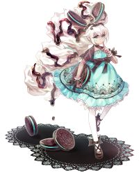Rule 34 | 1girl, aqua dress, aqua eyes, bad id, bad pixiv id, black bow, bow, carrying, carrying under arm, cheonha87, chocolate, choker, cookie, cream, dress, dripping, finger to mouth, food, food-themed clothes, food-themed hair ornament, food on head, full body, green dress, hair ornament, object on head, oreo, original, pantyhose, personification, solo, standing, standing on one leg, transparent background, white hair, wrist cuffs