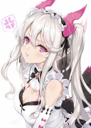 Rule 34 | 1girl, absurdres, anger vein, black feathers, black wings, breasts, cleavage, feathers, grey hair, hair between eyes, headdress, highres, horns, long hair, looking at viewer, maid, medium breasts, multicolored hair, original, pointy ears, solo, spoken anger vein, streaked hair, tel-o, twintails, upper body, white background, wings