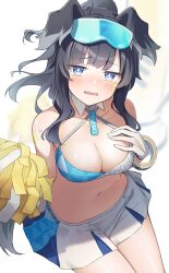 Rule 34 | 1girl, absurdres, animal ears, black hair, blue archive, blue eyes, blunt bangs, blush, breasts, character name, cheerleader, cleavage, collarbone, commentary request, detached collar, dog ears, dog girl, dog tail, eyewear on head, facial tattoo, halo, hibiki (blue archive), hibiki (cheer squad) (blue archive), highres, holding, holding pom poms, large breasts, long hair, looking at viewer, matsushika, midriff peek, millennium cheerleader outfit (blue archive), navel, official alternate costume, pleated skirt, pom pom (cheerleading), pom poms, ponytail, sidelocks, simple background, skirt, sleeveless, solo, star tattoo, stomach, sunglasses, tail, tattoo, wavy mouth