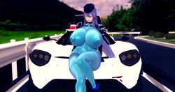 Rule 34 | 1girl, 3d, absurdres, bodysuit, breasts, car, green bodysuit, hat, highres, huge breasts, leaning against vehicle, long hair, looking at viewer, motor vehicle, open mouth, outdoors, road, solo, sports car