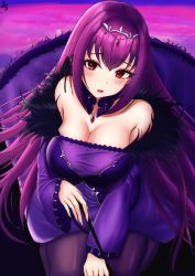 Rule 34 | 1girl, absurdres, bare shoulders, blush, breasts, cleavage, dress, fate/grand order, fate (series), feather trim, hair between eyes, highres, holding, holding wand, jungtong, large breasts, long hair, long sleeves, looking at viewer, pantyhose, purple dress, purple hair, red eyes, scathach (fate), scathach skadi (fate), tiara, wand
