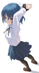 Rule 34 | 1girl, black pantyhose, black ribbon, blue hair, blue skirt, blush, bocchi the rock!, brown footwear, closed mouth, collared shirt, from above, full body, hachinatsu, highres, long sleeves, neck ribbon, pantyhose, pleated skirt, ribbon, shirt, shoes, short hair, simple background, skirt, solo, standing, white background, white shirt, yamada ryo, yellow eyes